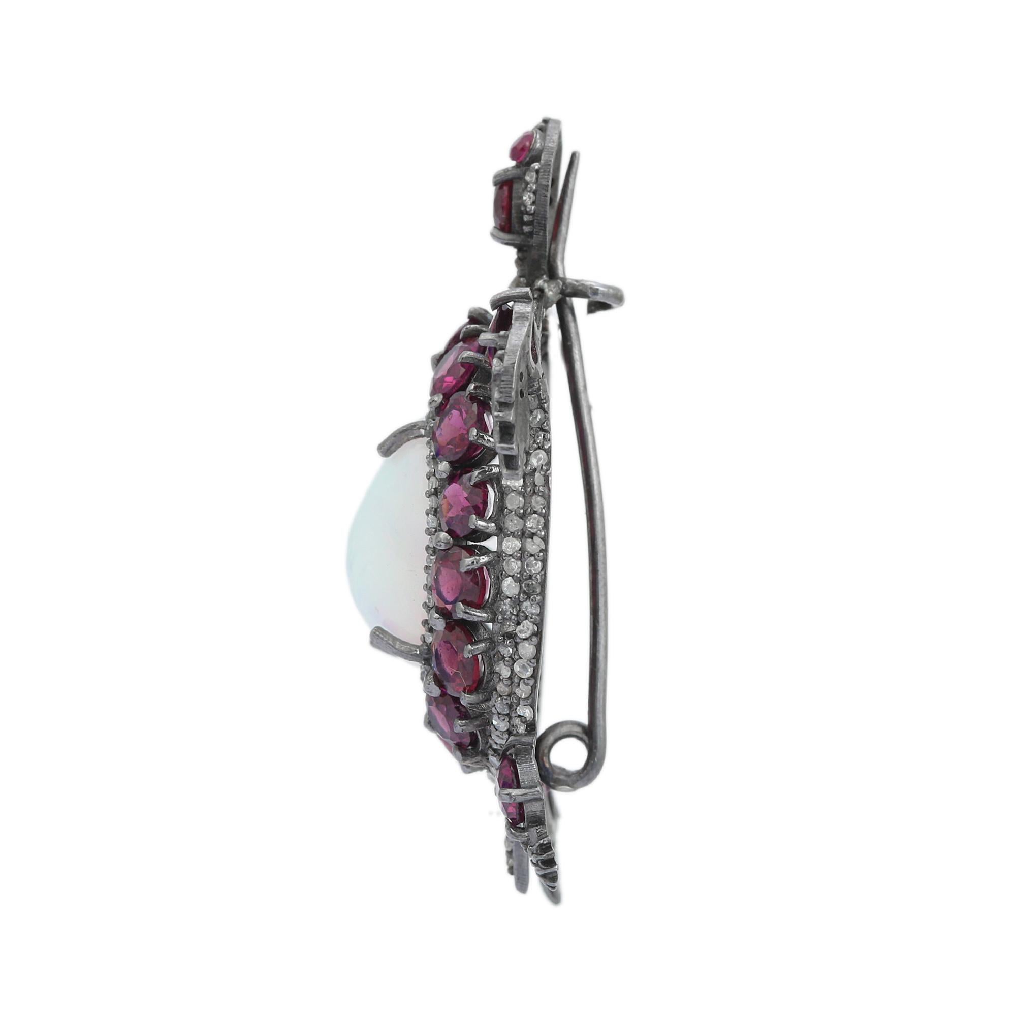 Alfiler Broche Victoriano Tortuga Grande de Ópalo Diamante Rosa Rubí 8,1ctw en Plata Maciza en Nuevo estado para la venta en New York, NY