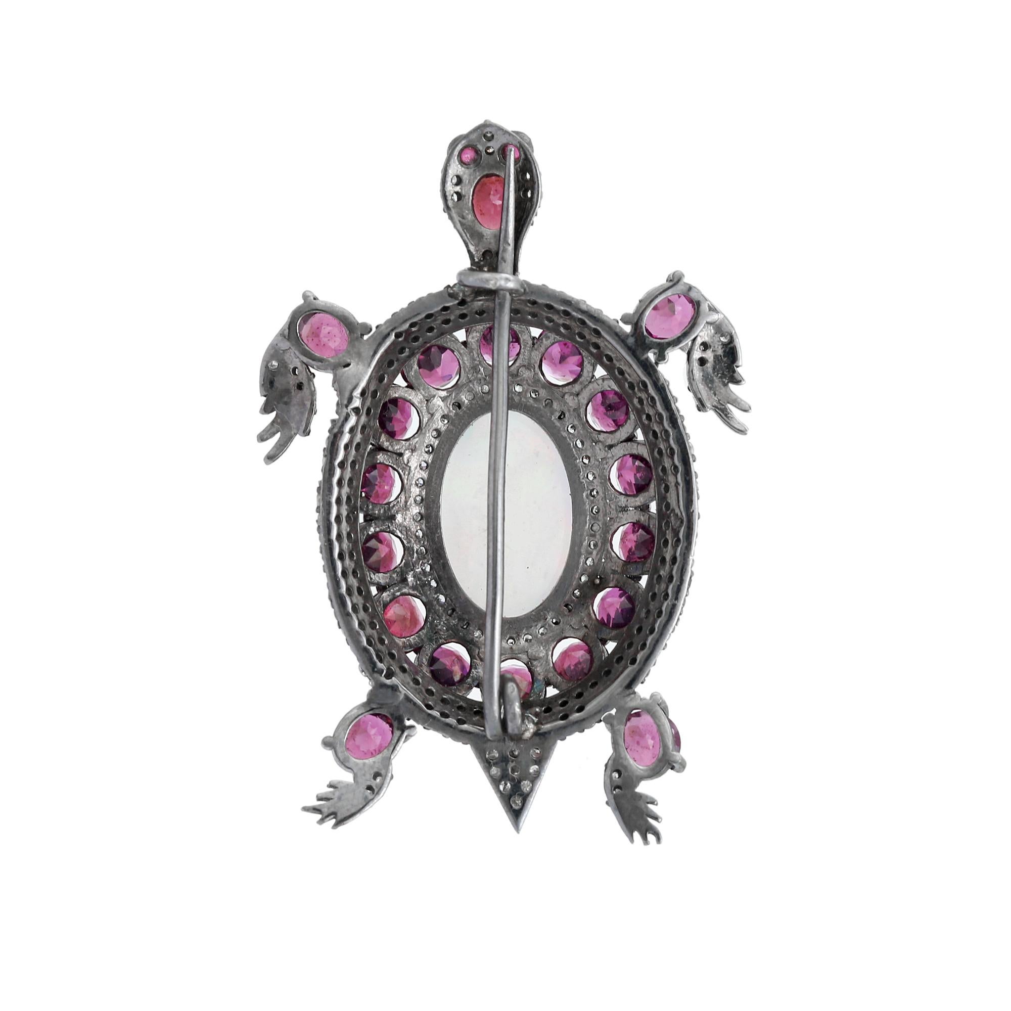Femenino o masculino Alfiler Broche Victoriano Tortuga Grande de Ópalo Diamante Rosa Rubí 8,1ctw en Plata Maciza en venta