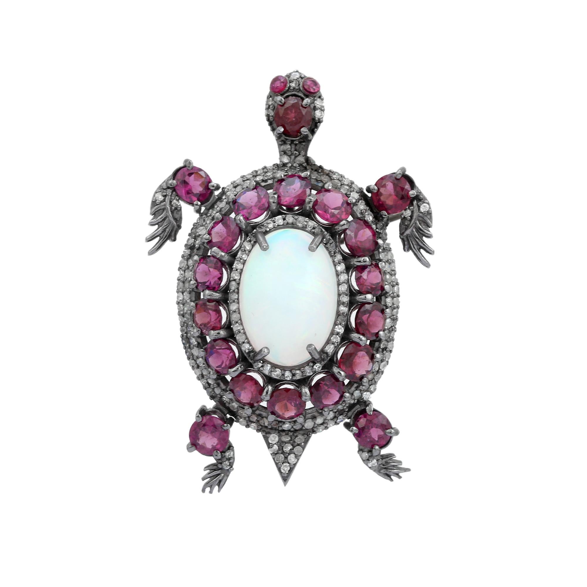 Alfiler Broche Victoriano Tortuga Grande de Ópalo Diamante Rosa Rubí 8,1ctw en Plata Maciza en venta 1