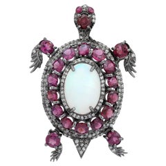 Victorian Style Opal Diamond Pink Ruby Large Turtle Brooch Pin 8.1ctw in Silver