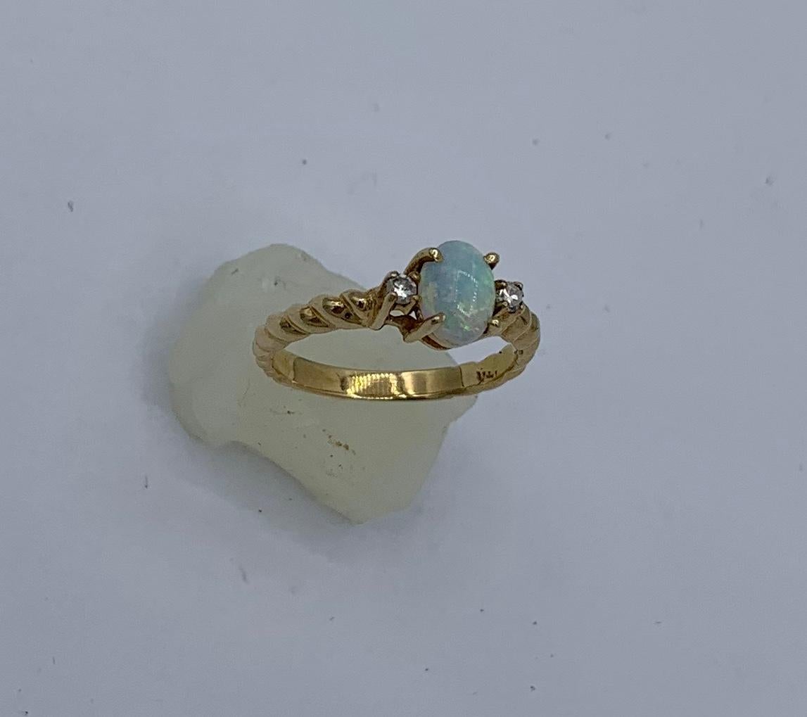 Cabochon Opal Diamond Ring 14 Karat Gold Antique Wedding Engagement Stacking Ring For Sale