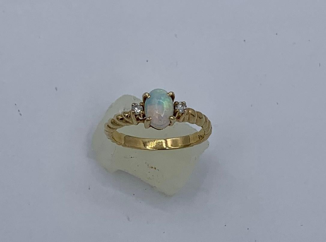 Opal Diamond Ring 14 Karat Gold Antique Wedding Engagement Stacking Ring In Excellent Condition For Sale In New York, NY