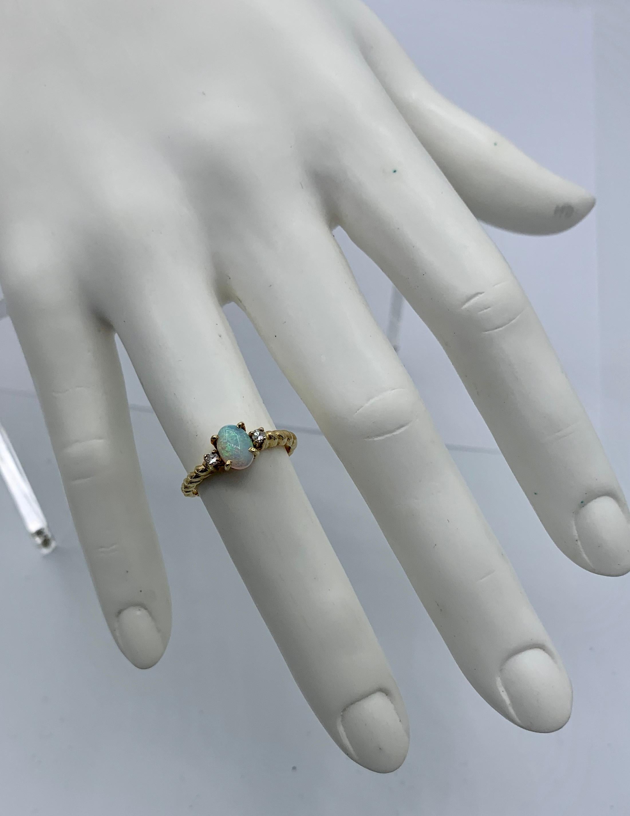 Women's Opal Diamond Ring 14 Karat Gold Antique Wedding Engagement Stacking Ring For Sale