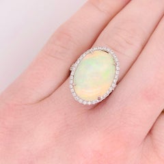 Opal Diamond Ring, 8.13 Carats Oval Opal & Diamond Halo in 14k White Gold