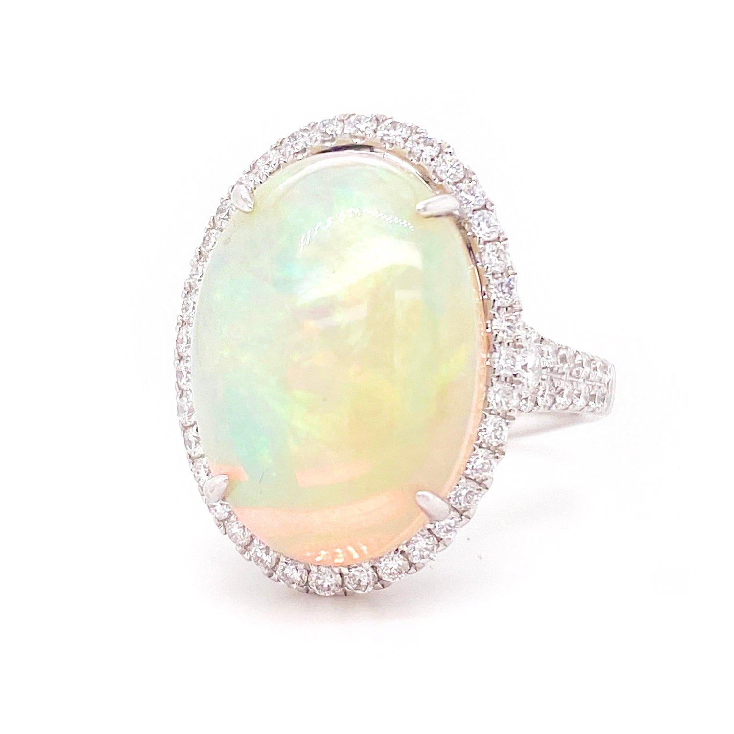 Opal Diamond Ring, 8.13 Carats Oval Opal and Diamond Halo in 14k White Gold  For Sale at 1stDibs