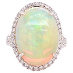 Opal Diamond Ring, 8.13 Carats Oval Opal & Diamond Halo in 14k White Gold