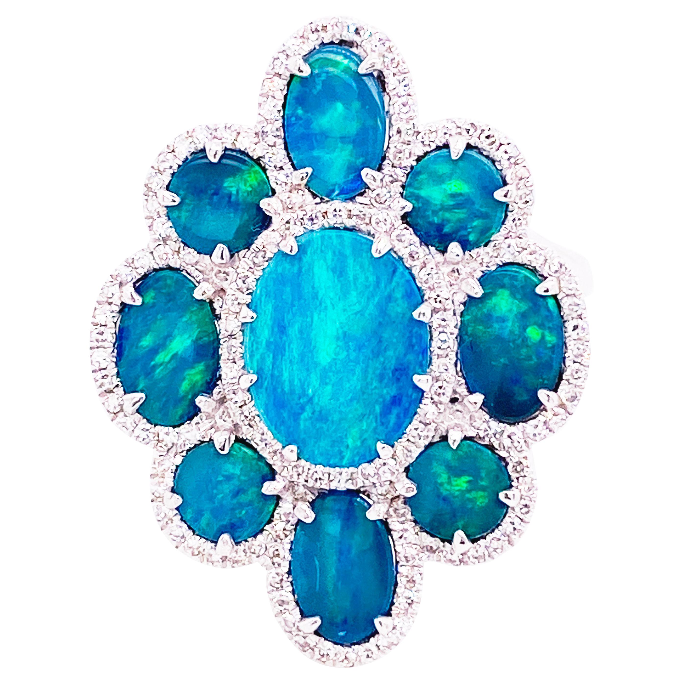 Opal Diamond Ring, Black Opal, 18k White Gold, Fashion, Blue Green Opal Ring