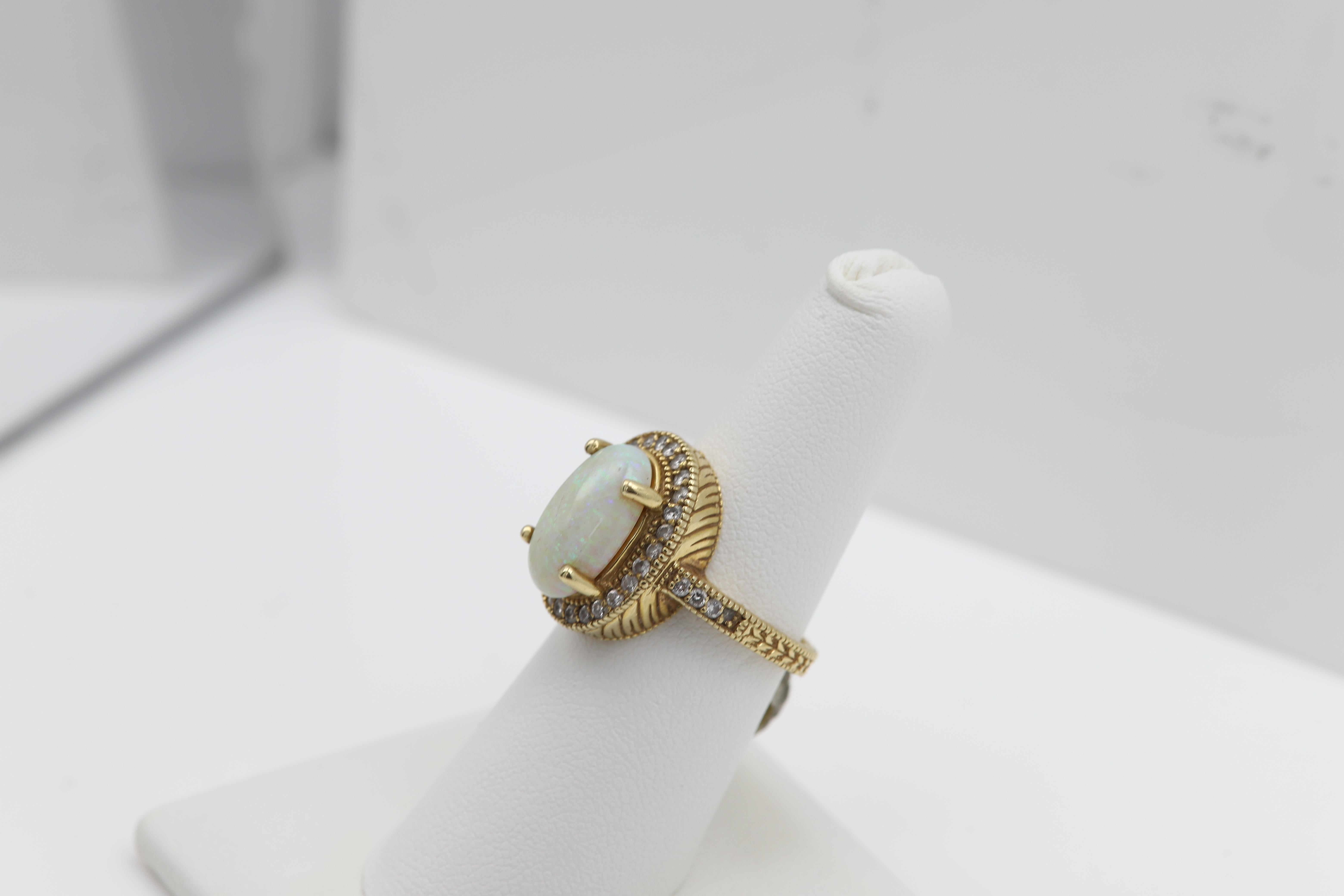 Oval Cut Opal Diamond Ring Circa 1960's 14k Yellow Gold Vintage Opal jewelry For Sale