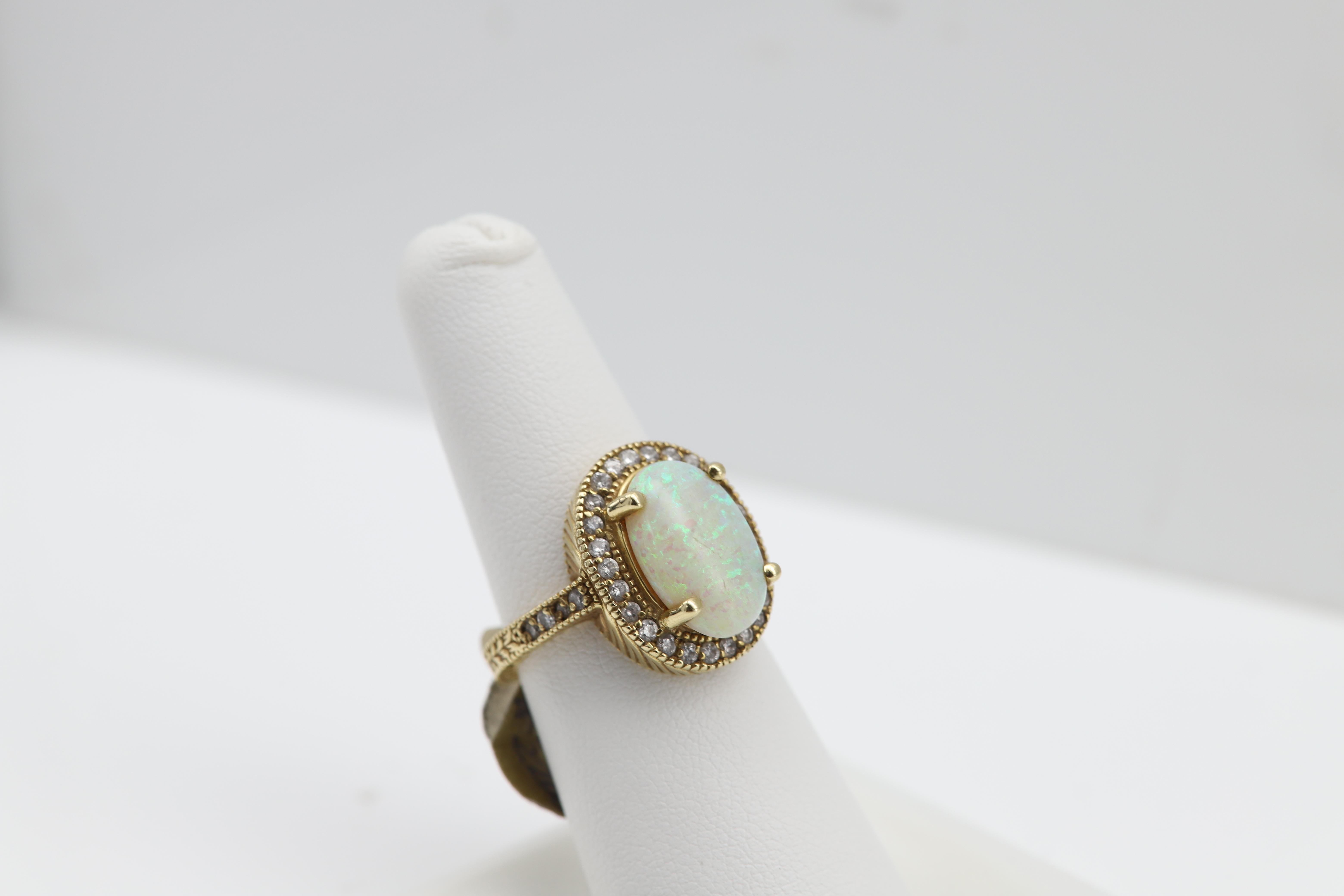 Women's Opal Diamond Ring Circa 1960's 14k Yellow Gold Vintage Opal jewelry For Sale