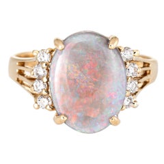 Opal Diamond Ring Vintage 14 Karat Gold Oval Cocktail Jewelry Red Green Orange