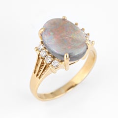 Opal Diamond Ring Vintage 14 Karat Gold Oval Cocktail Jewelry Red Green Orange