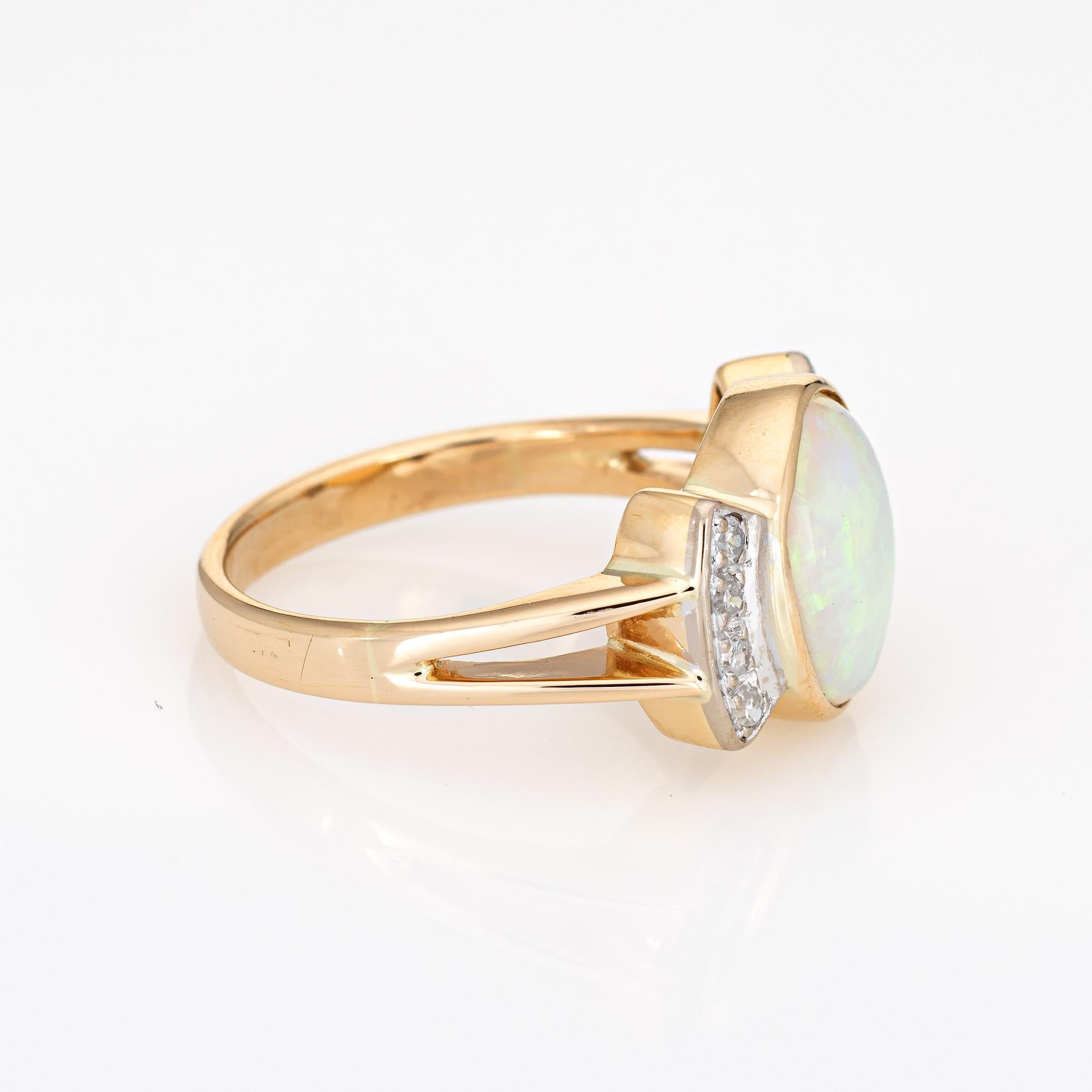 Modern Opal Diamond Ring Vintage 14 Karat Yellow Gold Natural Oval Cut Estate Jewelry
