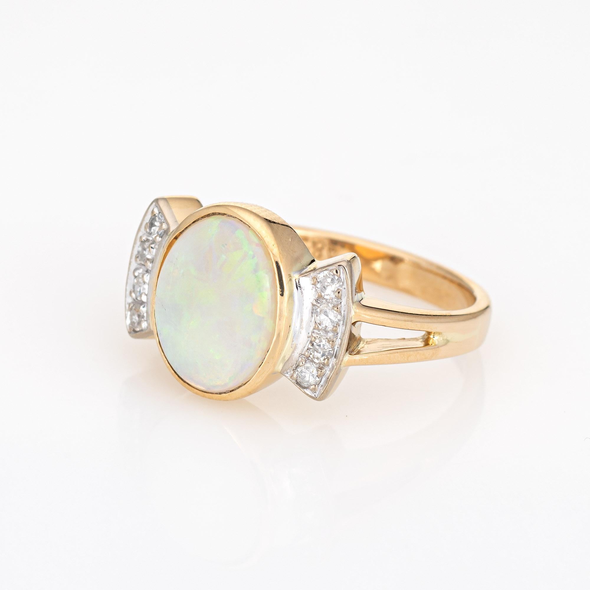 Cabochon Opal Diamond Ring Vintage 14 Karat Yellow Gold Natural Oval Cut Estate Jewelry