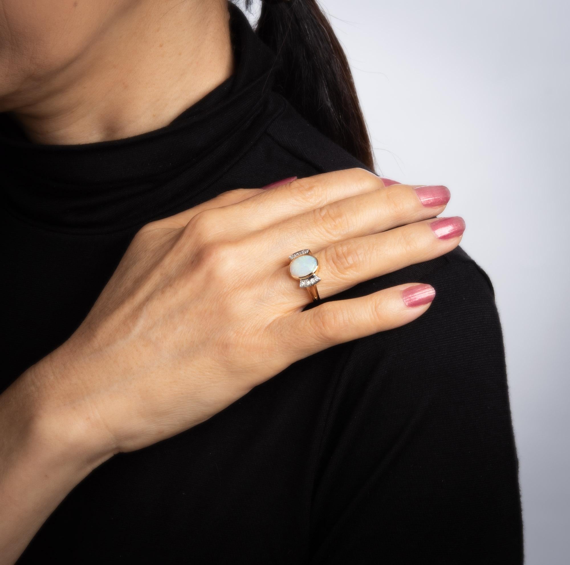 Women's Opal Diamond Ring Vintage 14 Karat Yellow Gold Natural Oval Cut Estate Jewelry