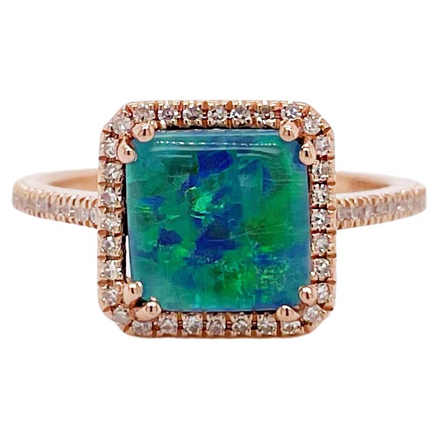 Opal Diamond Ring w Diamond Halo in 14K Rose Gold Opal from Australia