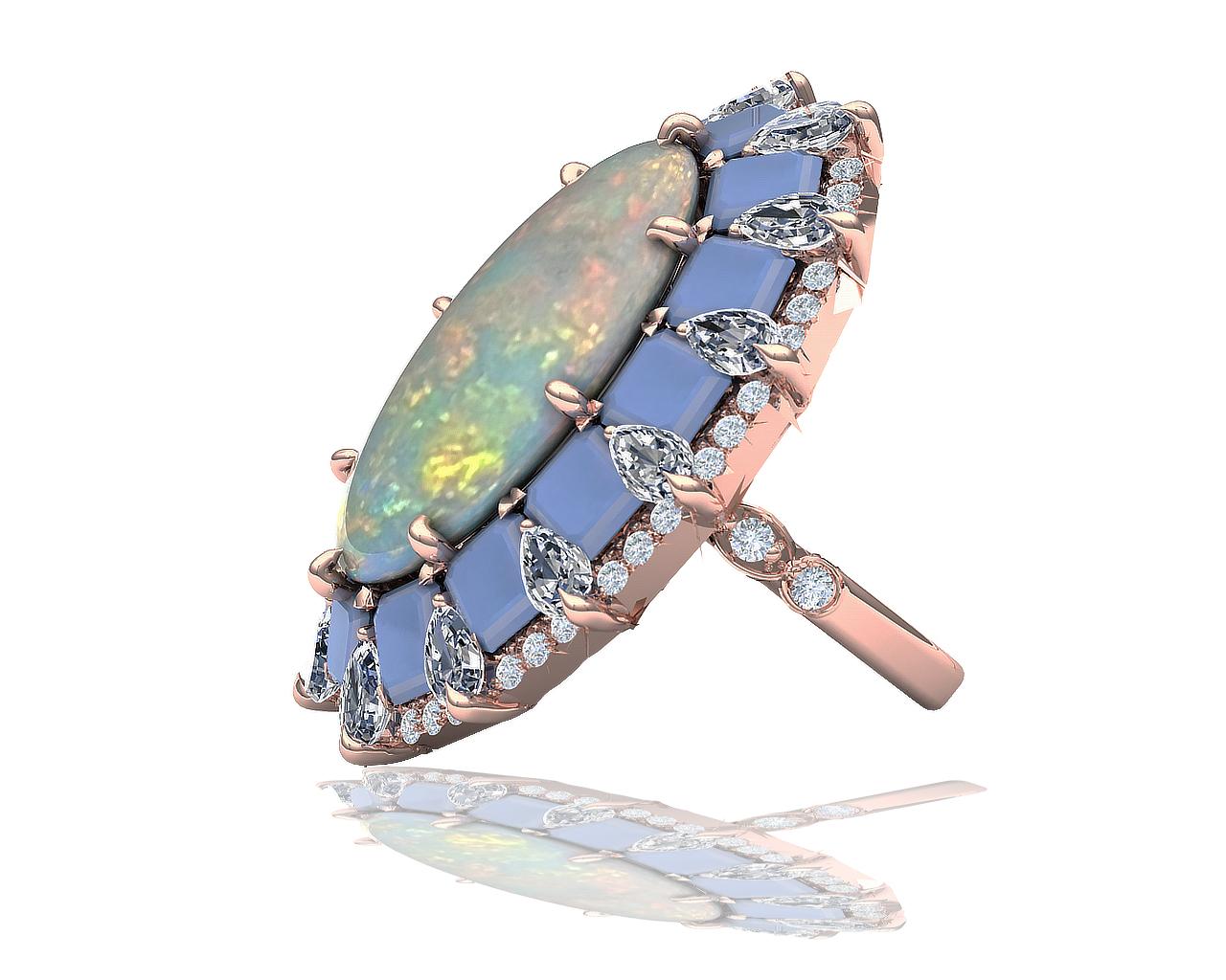 Art Deco Opal Diamond Rose Gold Cocktail Ring For Sale