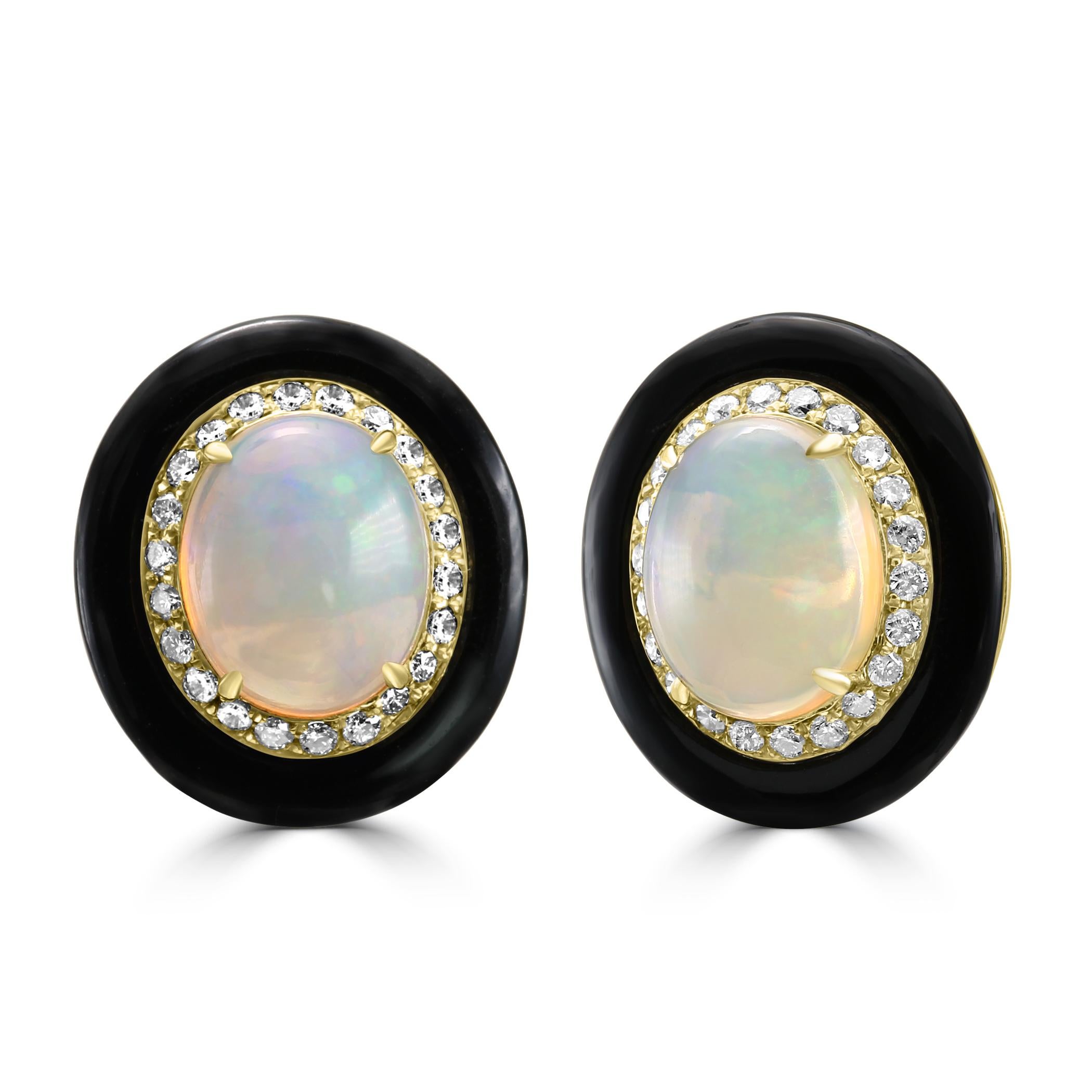 Expand your jewelry collection to a new level of opulence with our 18K yellow gold Opal earrings.

The center of each earring holds a mesmerizing Opal, meticulously chosen for its impressive size and iridescent play of colors. With a combined weight