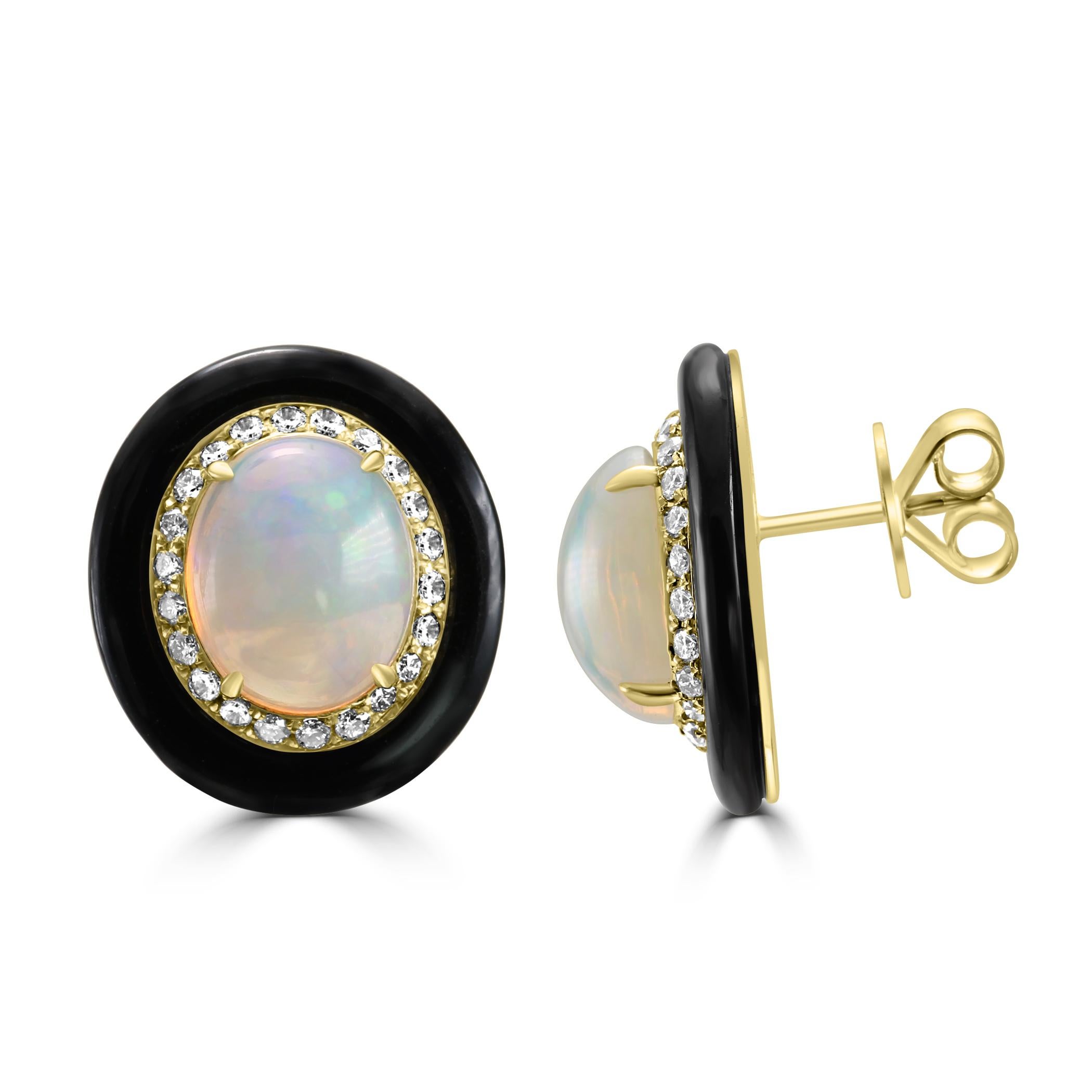 Modern Opal Diamond Round Black Onyx Double Halo Yellow Gold Fashion Art Deco Earring For Sale