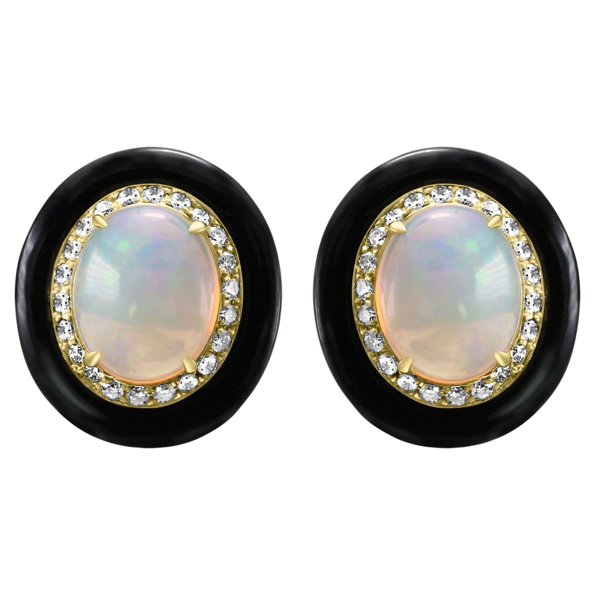 Opal Diamond Round Black Onyx Double Halo Yellow Gold Fashion Art Deco Earring For Sale