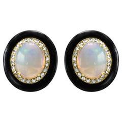 Opal Diamant Runder Schwarzer Onyx Doppel Halo Gelbgold Mode Art Deco Ohrring