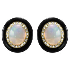 Boucle d'oreille Art Déco en or jaune Opale Diamant Rond Onyx Noir Double Halo