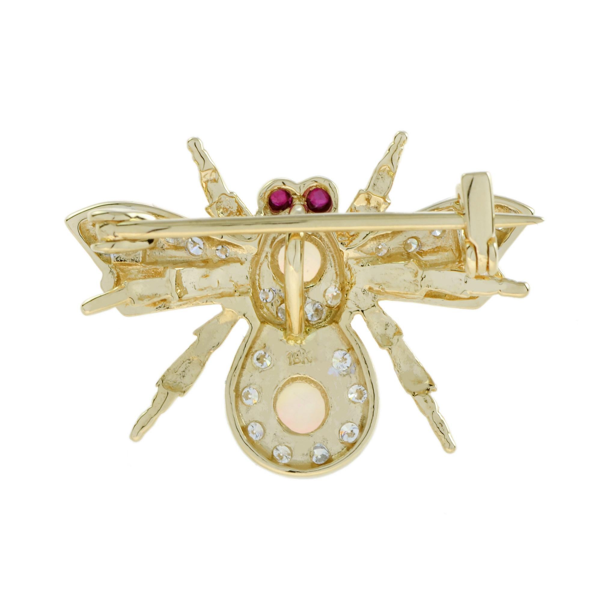 Art Deco Opal Diamond Ruby Antique Style Bee Brooch in 18k Yellow Gold For Sale