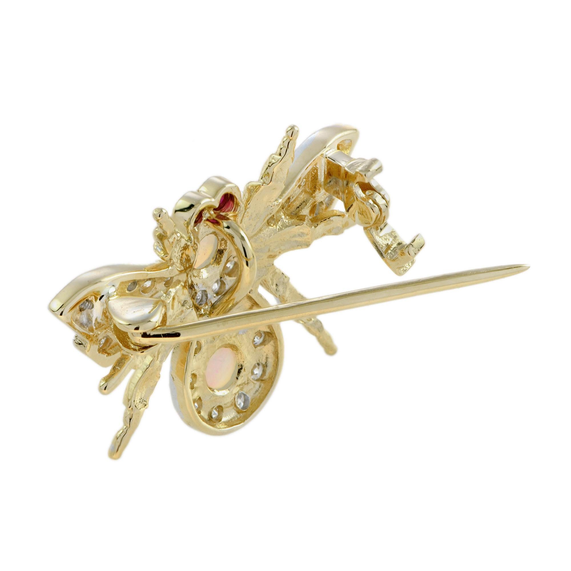 Round Cut Opal Diamond Ruby Antique Style Bee Brooch in 18k Yellow Gold For Sale