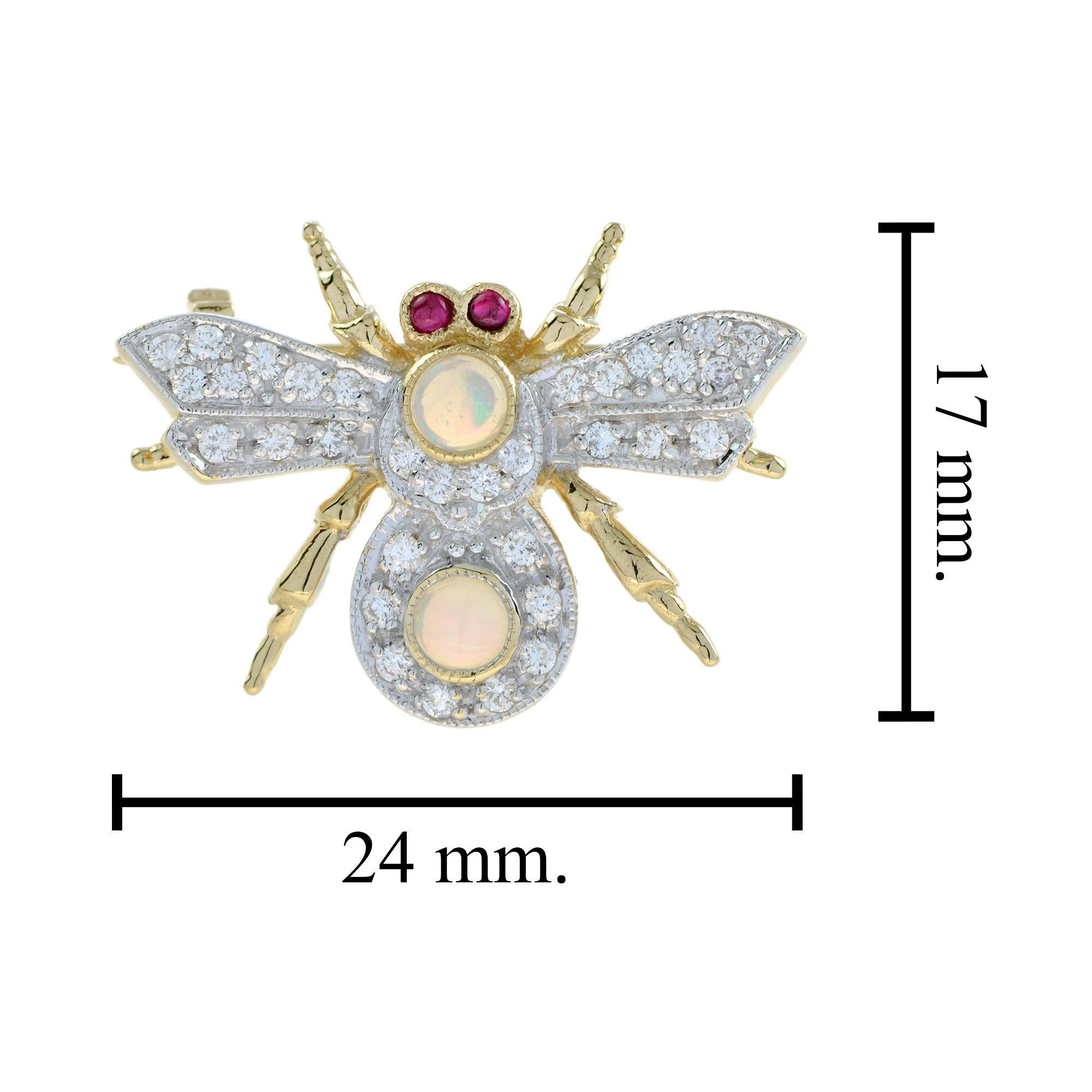 Opal Diamond Ruby Antique Style Bee Brooch in 18k Yellow Gold In New Condition For Sale In Bangkok, TH