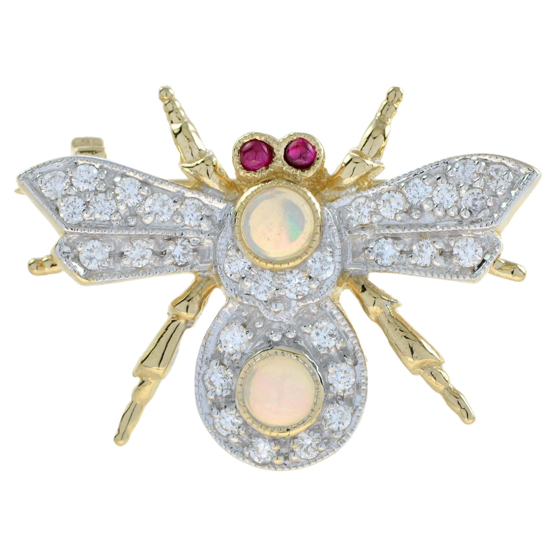 Opal Diamond Ruby Antique Style Bee Brooch in 18k Yellow Gold For Sale