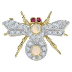 Opal Diamond Ruby Antique Style Bee Brooch in 18k Yellow Gold