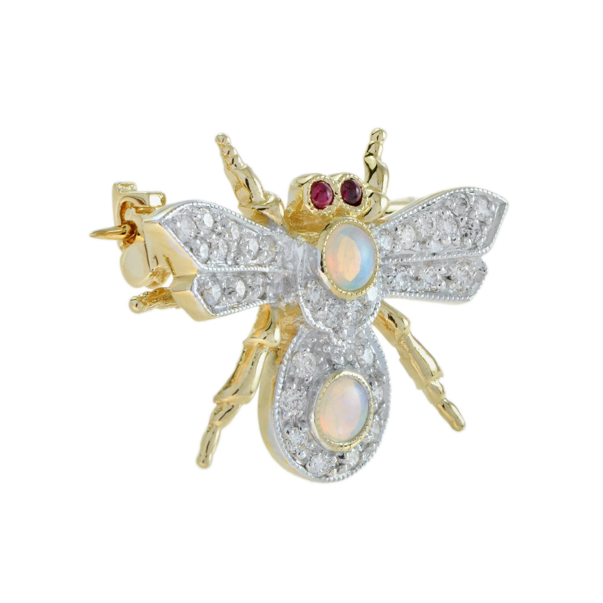 A diamond bee brooch, in the form of a bumble bee in flight, the delicately flying wings, domed body and stretched legs encrusted with two opal on its body, round cut diamonds, with ruby eyes, all set in 18k gold mounting. This gorgeous, glittering