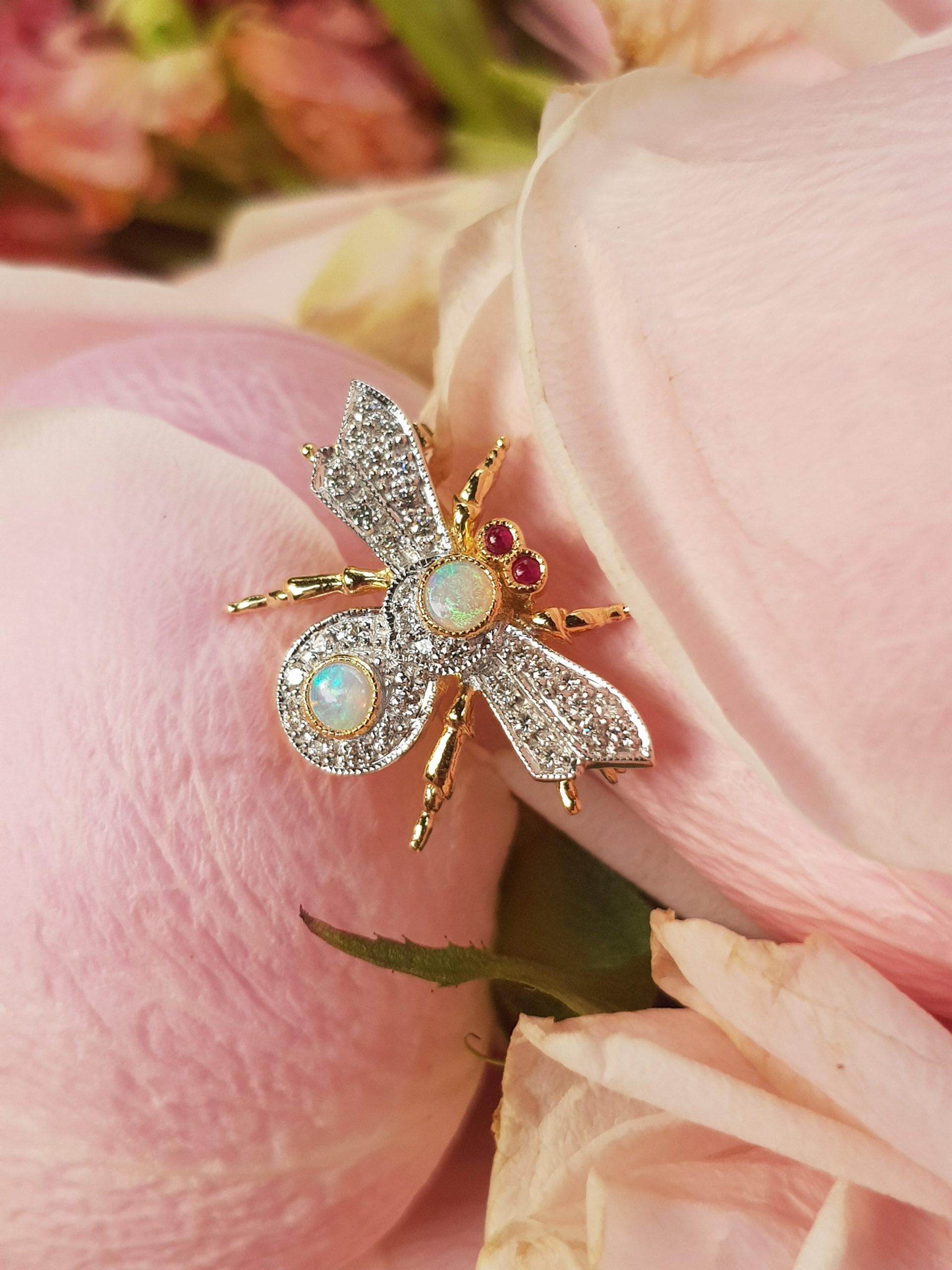 Women's Opal Diamond Ruby Antique Style Honey Bee 18K Yellow White Gold Pin Brooch For Sale