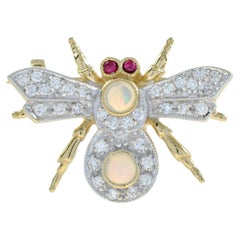 Opal Diamond Ruby Antique Style Honey Bee 18K Yellow White Gold Pin Brooch
