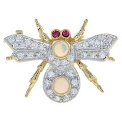 Opal Diamond Ruby Antique Style Little Bee Brooch in 14k Yellow Gold