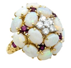 Opal, Diamond & Ruby Domed Cluster Cocktail Ring in 18 Karat Gold