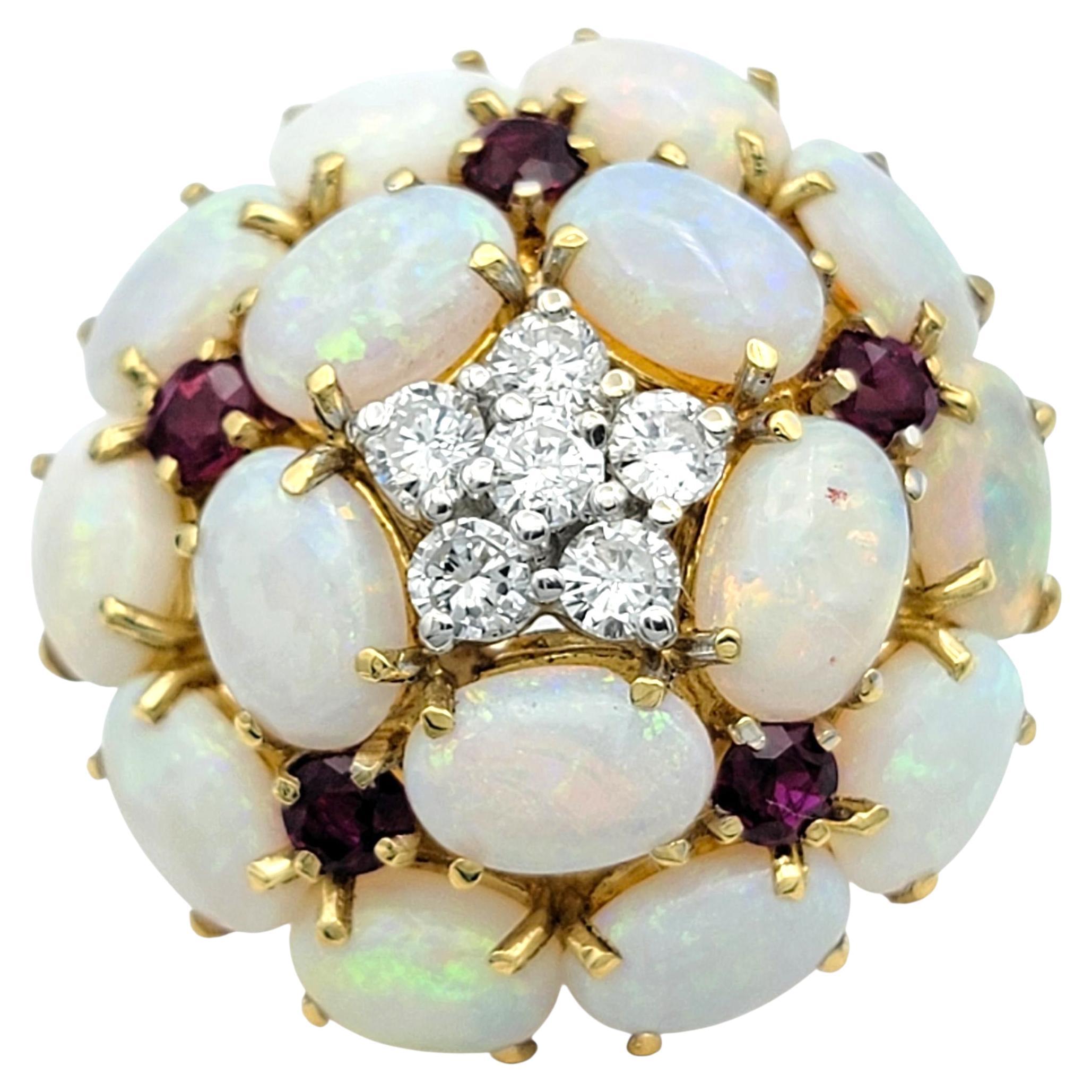 Opal, Diamond & Ruby Domed Cluster Cocktail Ring in 18 Karat Gold