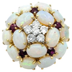 Opal, Diamond & Ruby Domed Cluster Cocktail Ring in 18 Karat Gold