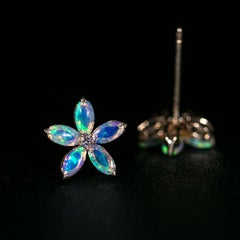 Opal Diamond Sakura Cherry Blossom Flower Stud Earrings 14K Yellow Gold