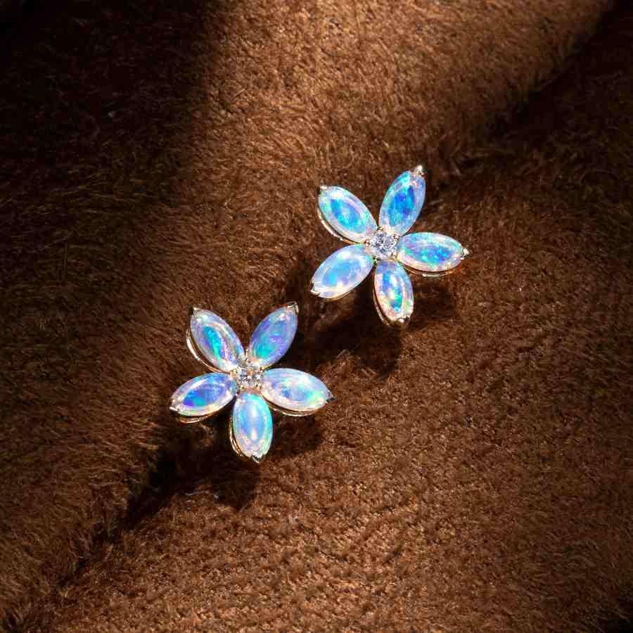 Artist Opal Diamond Sakura Cherry Blossom Flower Stud Earrings 18K Yellow Gold