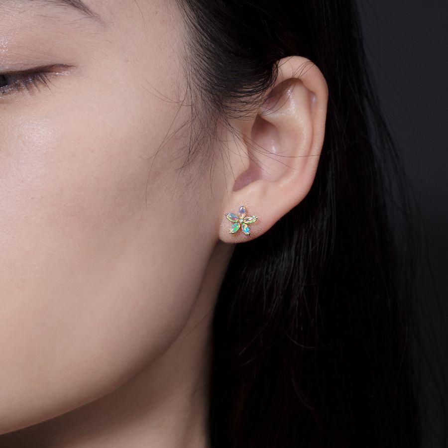 Women's or Men's Opal Diamond Sakura Cherry Blossom Flower Stud Earrings 18K Yellow Gold For Sale