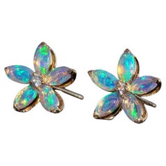 Opal Diamond Sakura Cherry Blossom Flower Stud Earrings 18K Yellow Gold