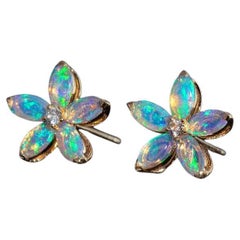 Opal Diamond Sakura Cherry Blossom Flower Stud Earrings 18K Yellow Gold