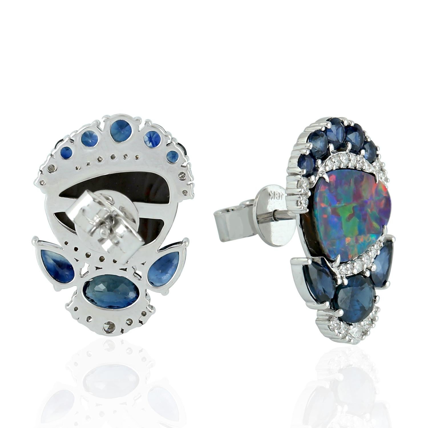 Contemporary Opal Diamond Sapphire 18 Karat Gold Stud Earrings For Sale