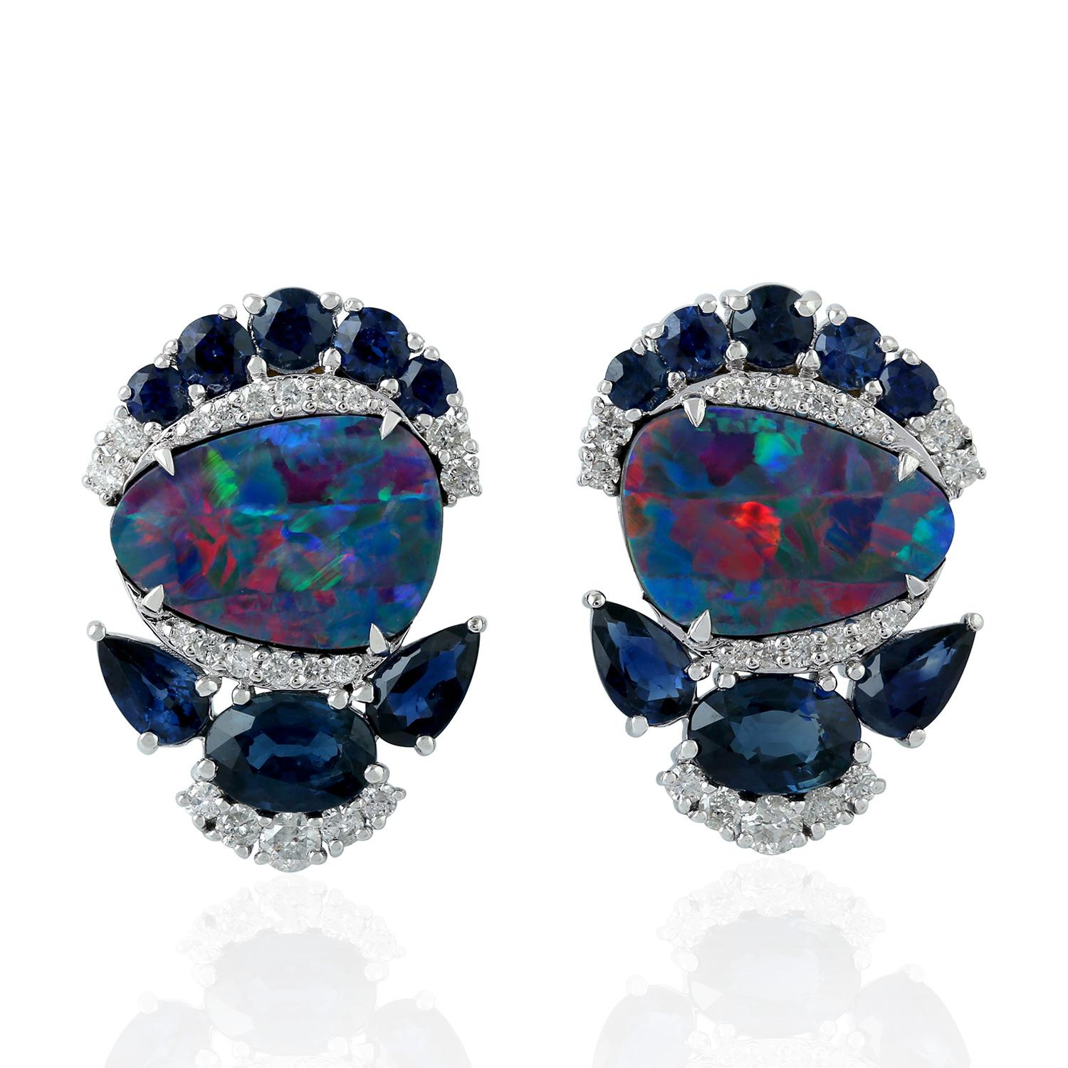 Mixed Cut Opal Diamond Sapphire 18 Karat Gold Stud Earrings For Sale