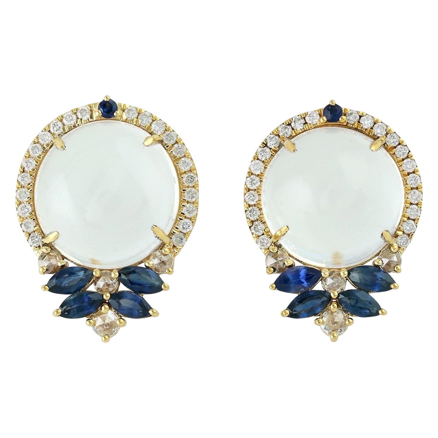 Opal Diamond Sapphire 18 Karat Gold Stud Earrings For Sale