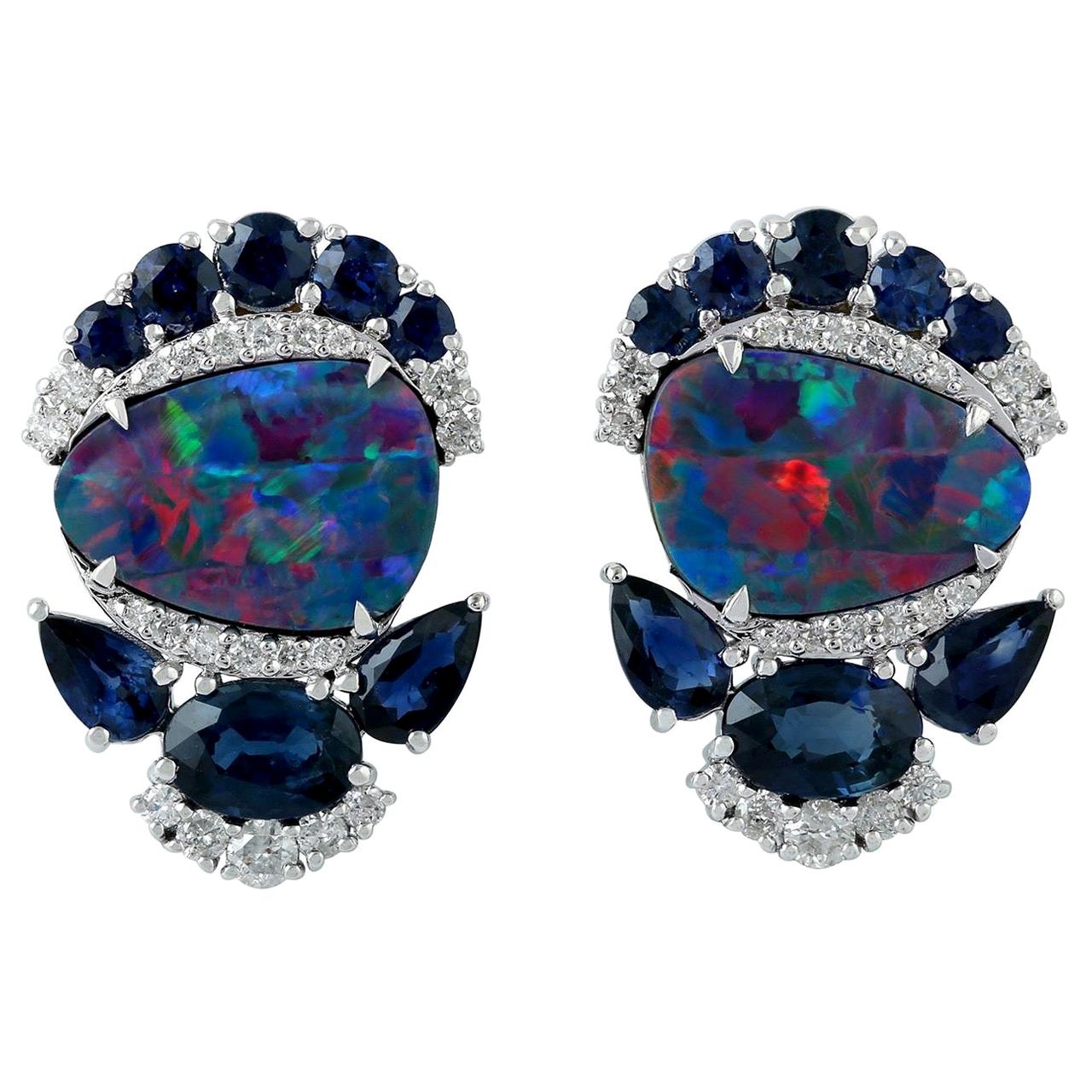 Opal Diamond Sapphire 18 Karat Gold Stud Earrings For Sale
