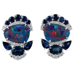 Opal Diamond Sapphire 18 Karat Gold Stud Earrings