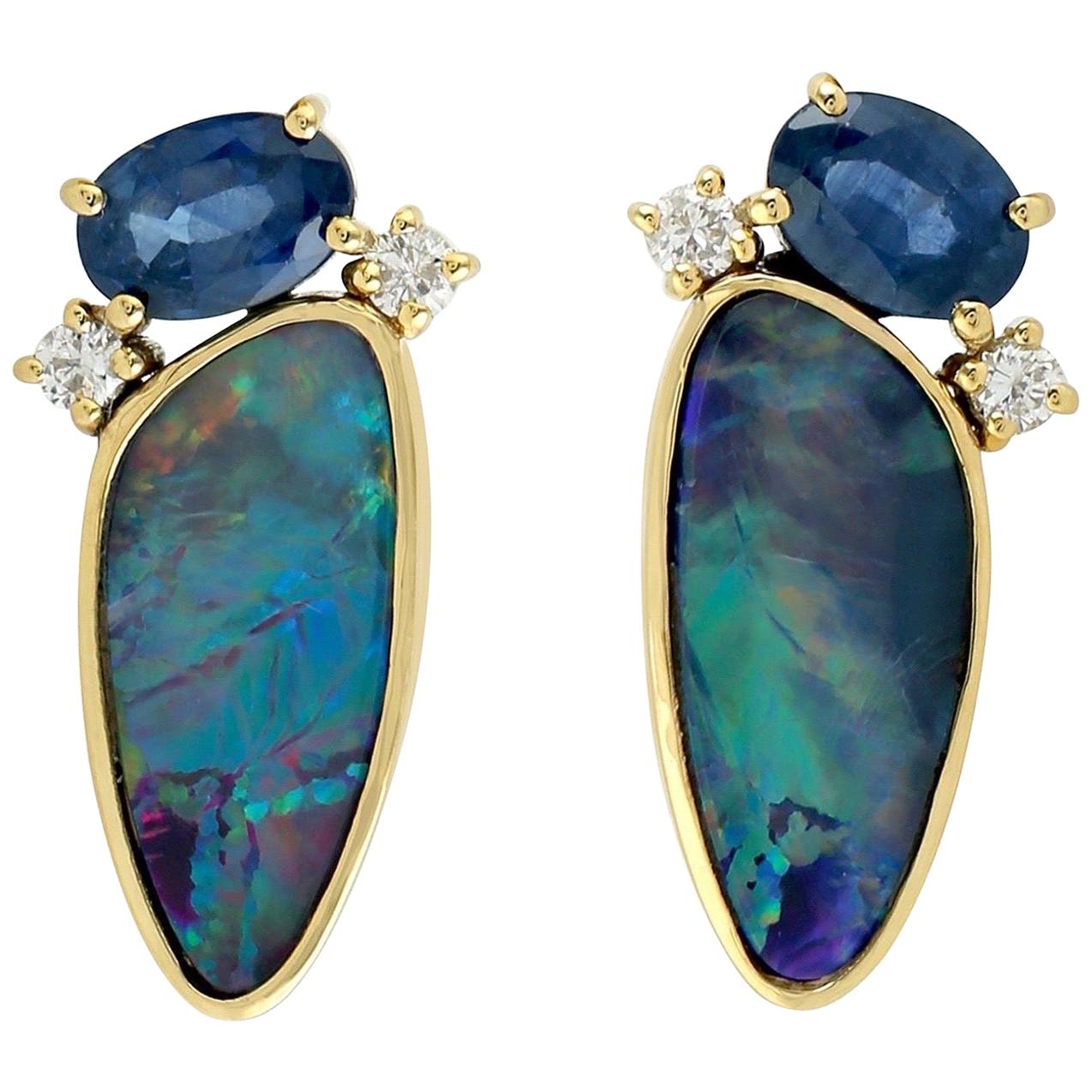 Opal Diamond Sapphire 18 Karat Gold Stud Earrings