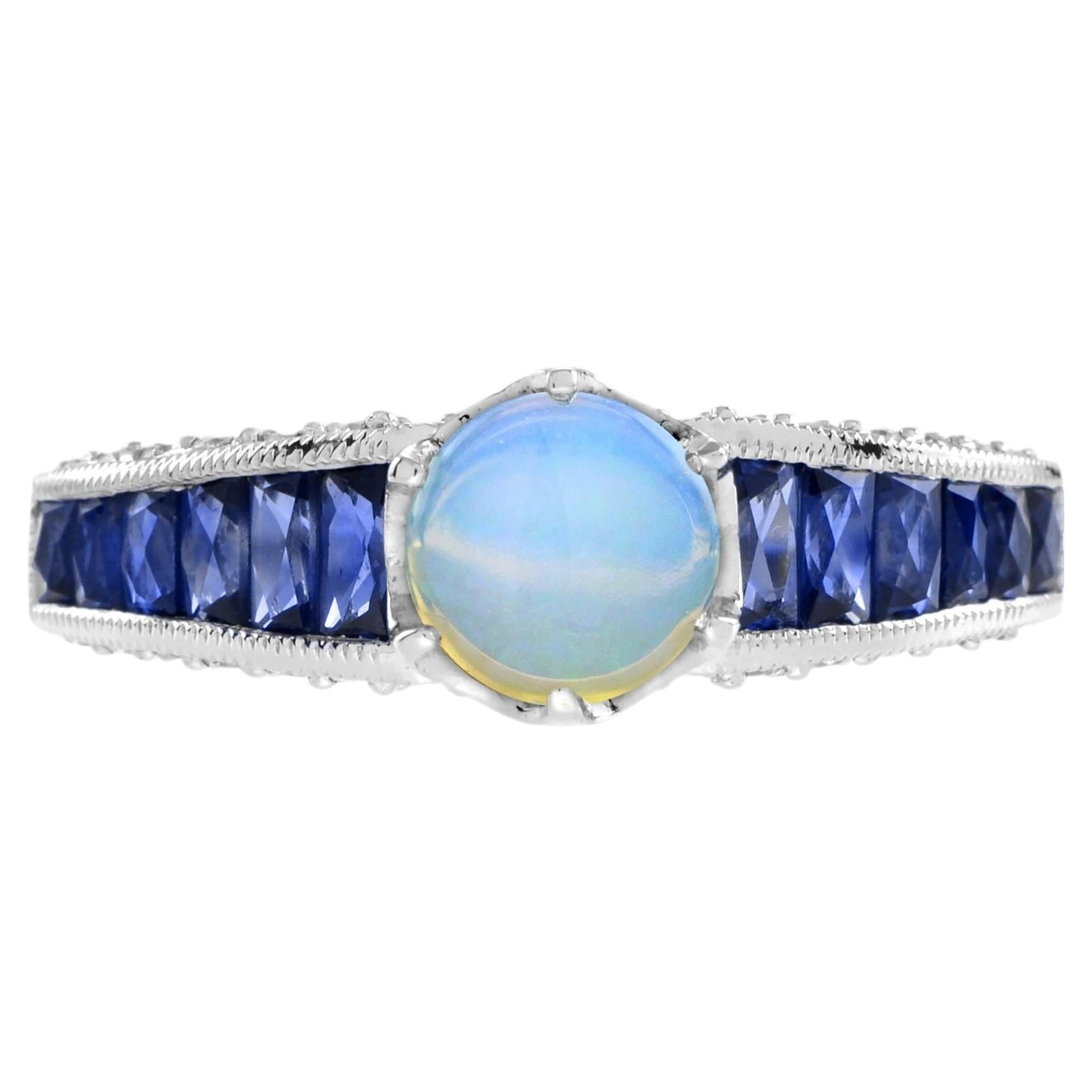 Opal Diamond Sapphire Art Deco Style Solitaire Engagement Ring in 14K White Gold For Sale