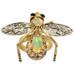 Vintage Opal Diamond Sapphire Articulated Bee Ring 14 Karat